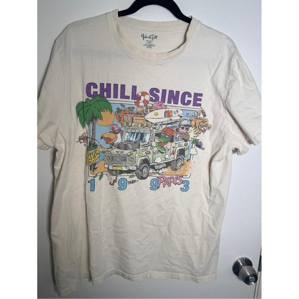 John Galt x Brandy Melville "CHILL SINCE" Graphic Tee Cream with Purple & Green